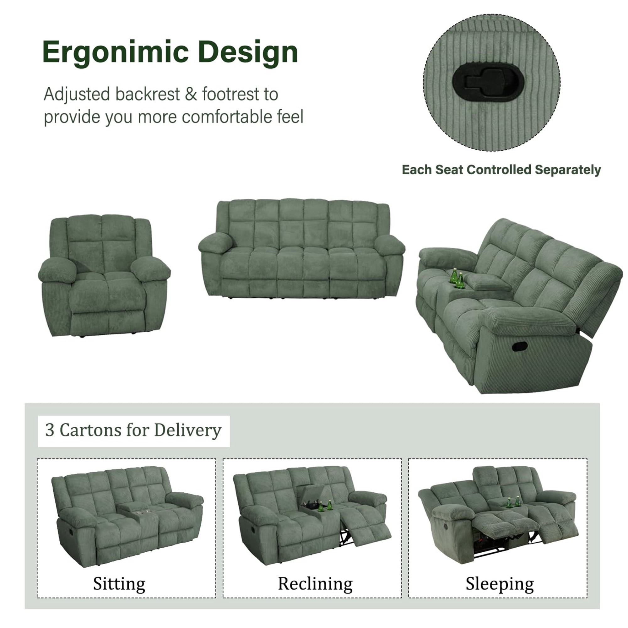 Aukfa 3-Piece Recliner Sofa Set, Oversized Armchair+Loveseat +3 Seat Sofa, 2 Cup Holders&Storage Console, Corduroy, Green