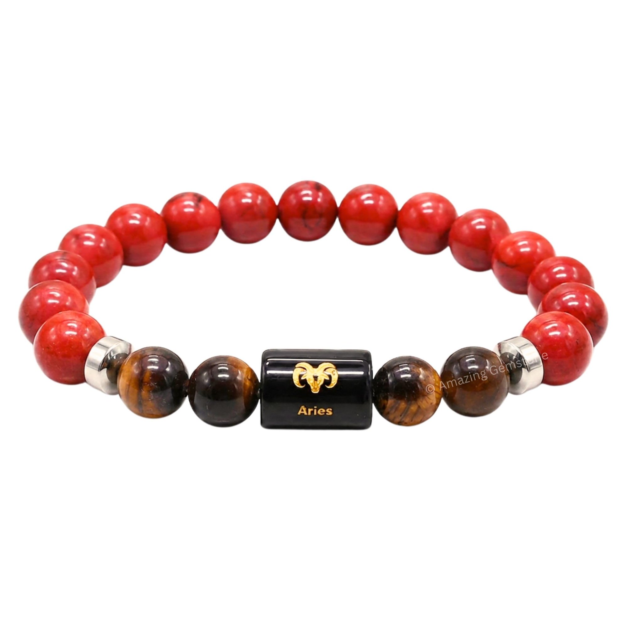 Aries Zodiac Bracelet with Red Jasper & Tiger Eye Crystals for Women
