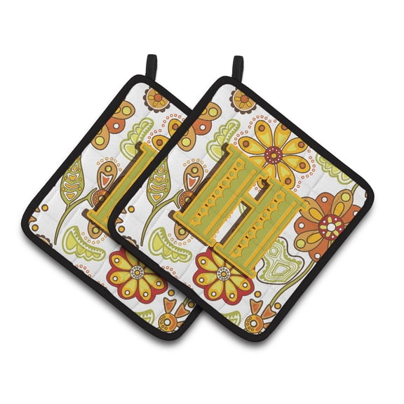 Letter H Floral Mustard and Green Pair of Pot Holders