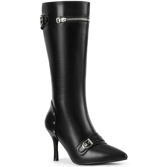 BLISSFUL STEP Women's Boots Knee High Stiletto Heel Pointed Toe Buckle Zipper Rivets Boots Black 6