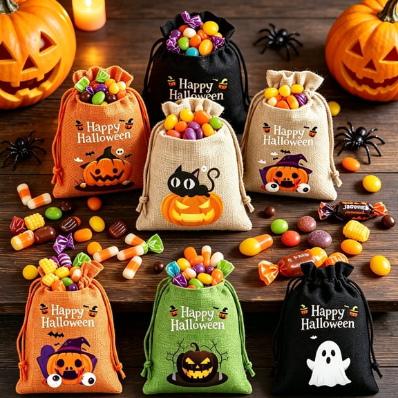 Dmlowu Halloween Treat Bags, Portable Drawstring Trick or Treat Candy Bags, Reusable Souvenir Halloween Party Decorations for Party Favors