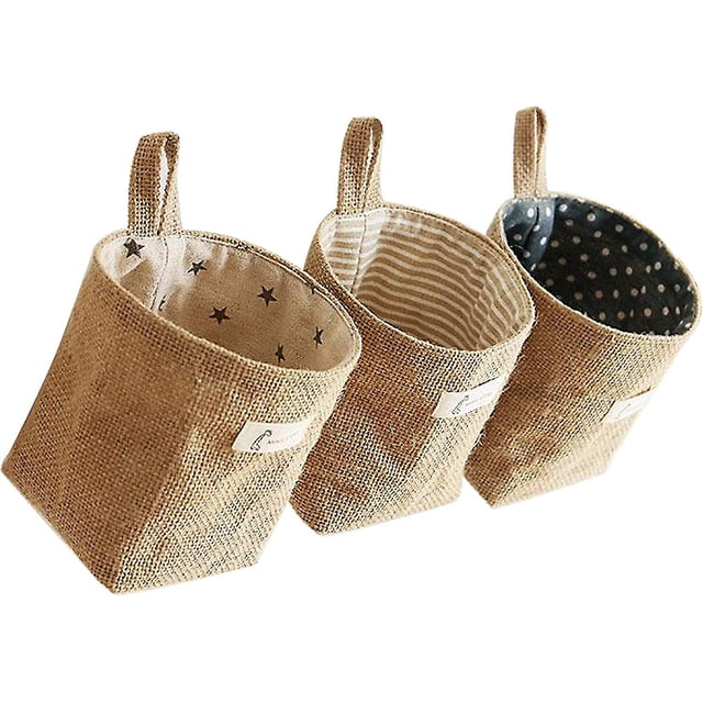 3 Pcs Retro Hanging Storage Bag Small, Cotton And Linen Foldable Basket Organizer With Handle And 6 Hooks For Office Home Kitchen Makeup, Keys, Gadget