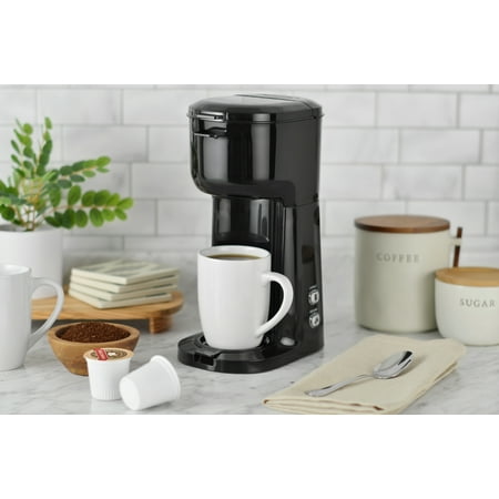 (MISSING K CUP HOLDER & REUSABLE FILTER) Mainstays Single Serve Coffee Maker, 1 cup Capsule or Ground Coffee, Black, New, Model: 202140