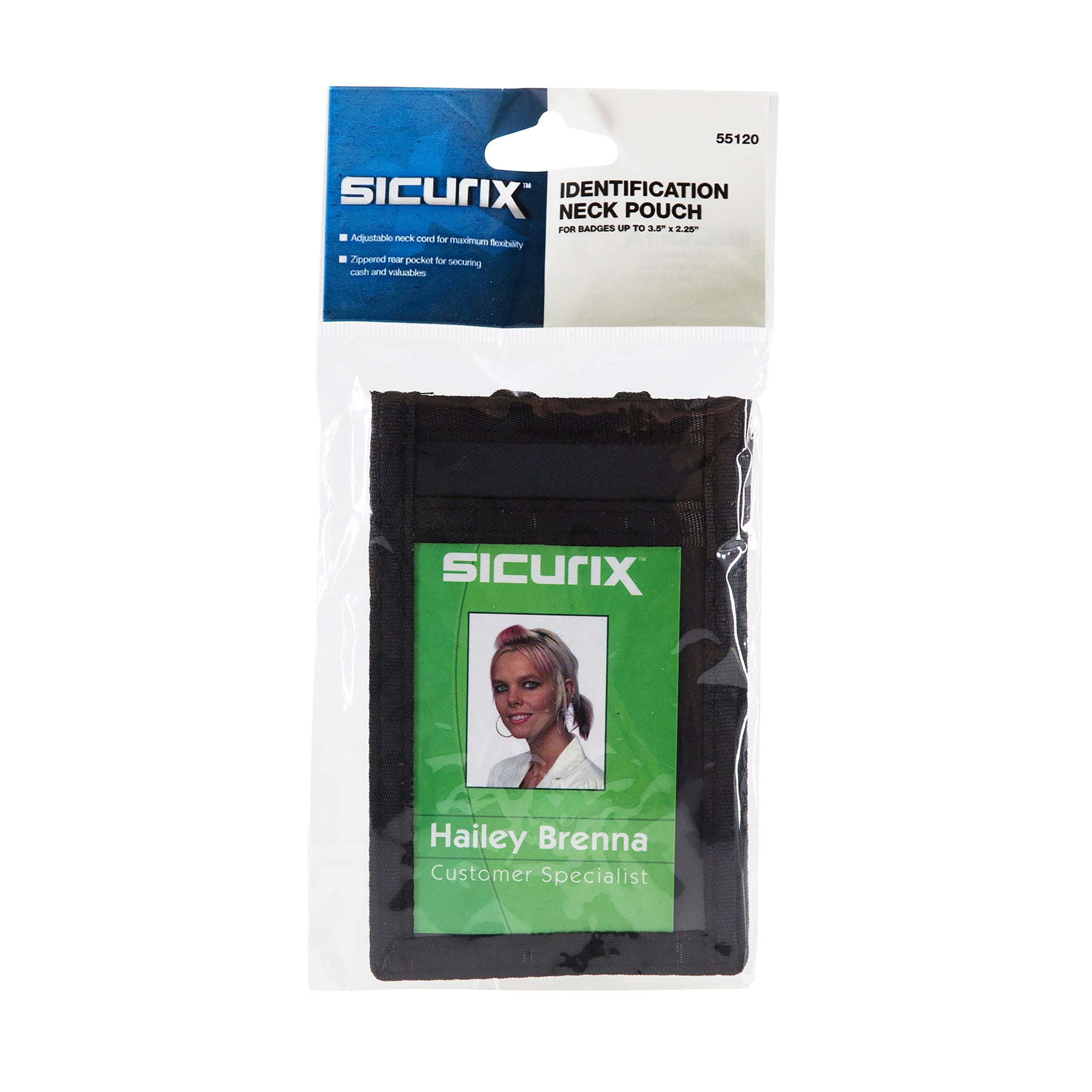 SICURIX ID Neck Pouch Badge Holder, Vertical, Adjustable Cord, 4" x 2-1/4" Insert, Black, Pack of 3