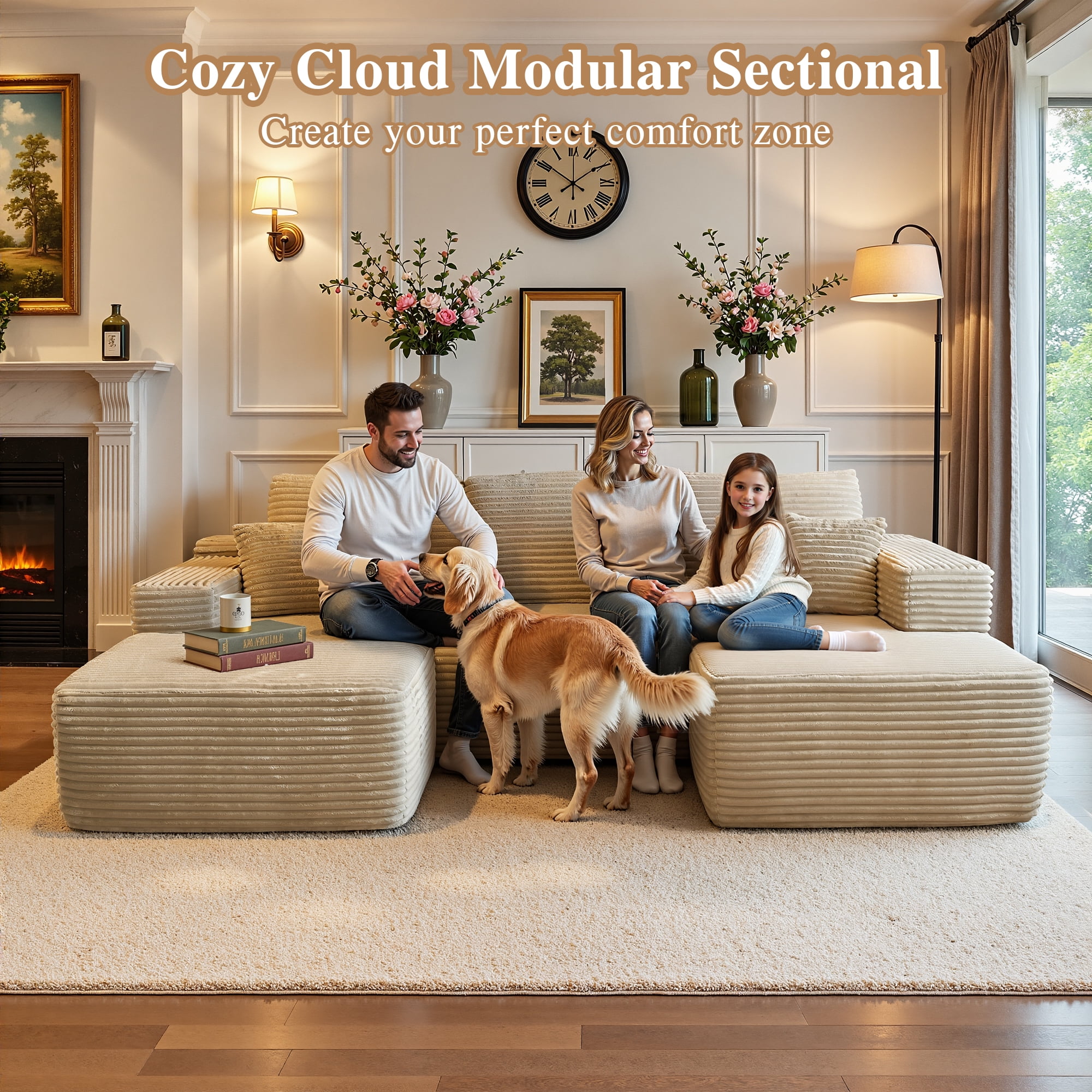 Ovios 106" Cloud Sofa Couch No Assembly Boneless Deep Seat Sofa with Ottoman for Living Room, Beige (Plush Corduroy)