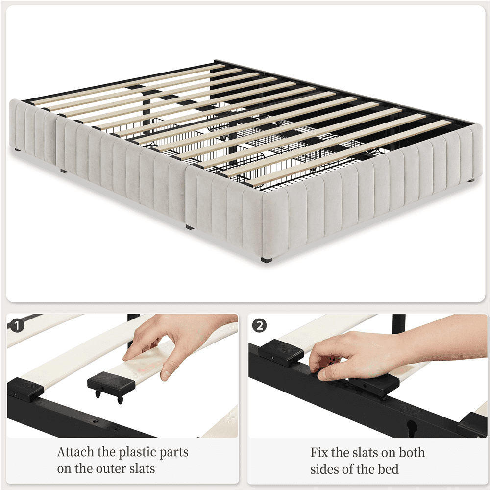 Fullfurnique Upholstered Platform Bed Frame with Three Storage Drawers, Queen, Beige
