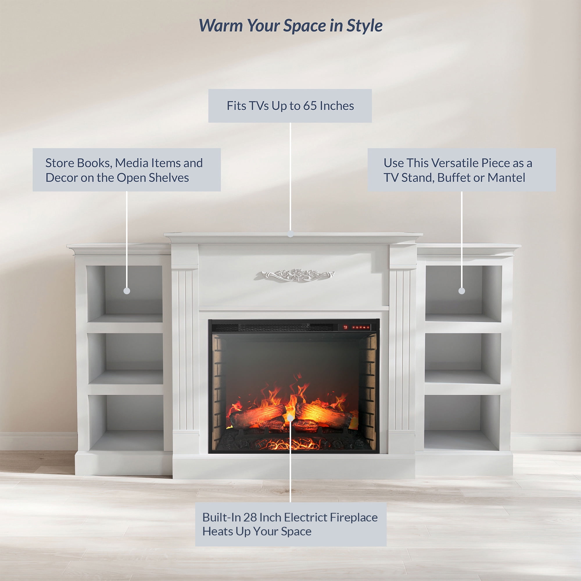 BELLEZE 70" Mantel TV Stand Entertainment Center For TVs up to 68" with 28" Fireplace - Lenore (White)