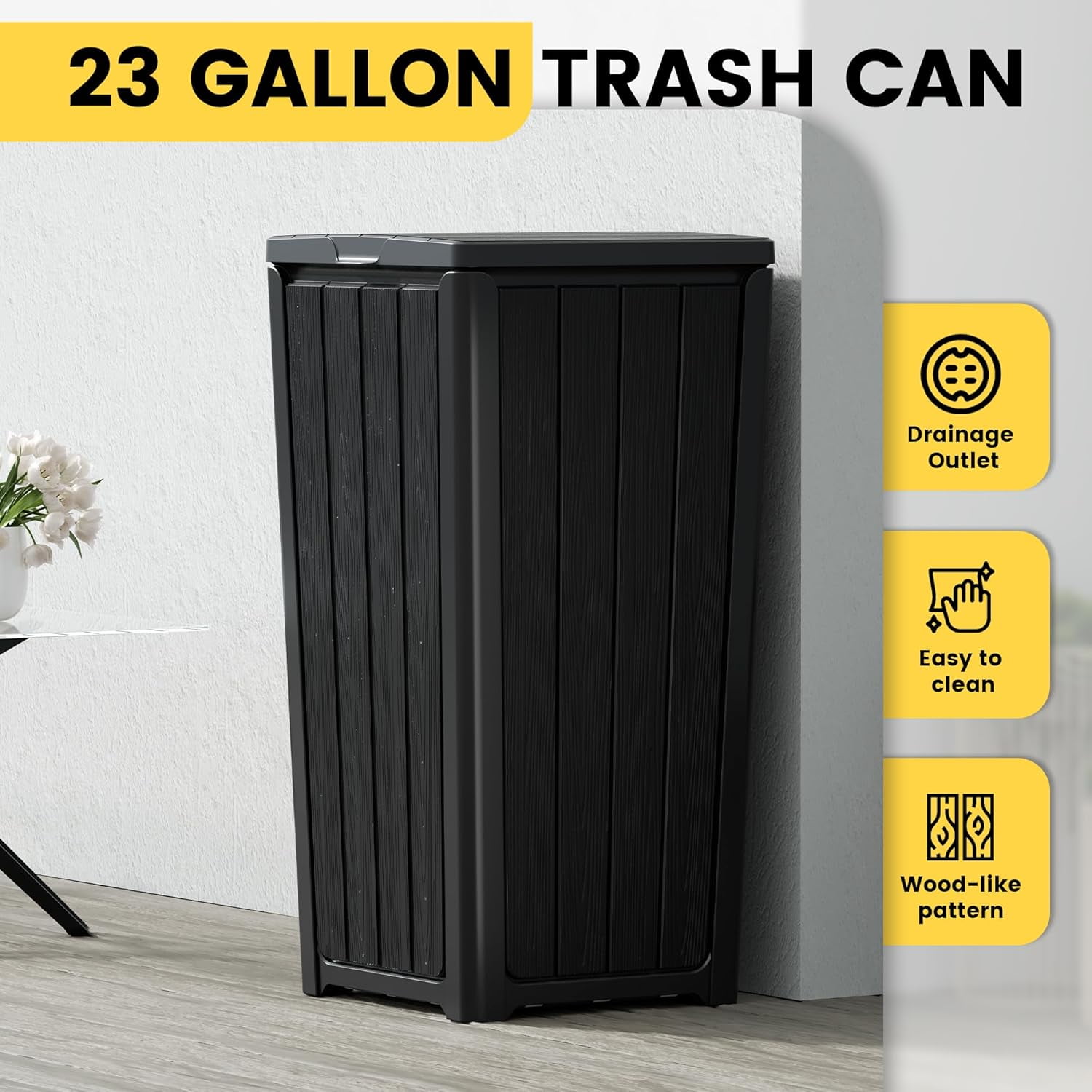 23 Gal Outdoor Resin Trash Can with Tiered Lid – Waterproof Garbage Bin for Patio, Kitchen & Backyard – 15.2×15.2×30.7 in, Easy Install