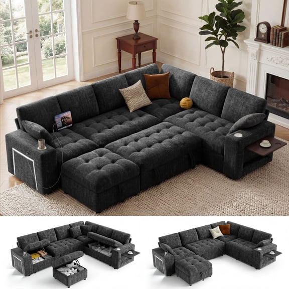 110" Modular Sectional Sleeper Sofa, L-Shaped 7-Seater with Pull-Out Bed, Storage Ottoman, USB & Cup Holders, Side Table, LED Light, Tool-Free Assembly, Gray