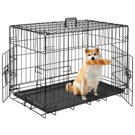 Zephypaws 30 inch Double Door Dog Crate for Meidum Dogs, Foldable Metal Wire Dog Kennel Pet Cage with Plastic Leak-Proof Pan Tray, Black
