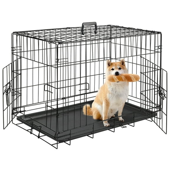 Zephypaws 30 inch Double Door Dog Crate for Meidum Dogs, Foldable Metal Wire Dog Kennel Pet Cage with Plastic Leak-Proof Pan Tray, Black