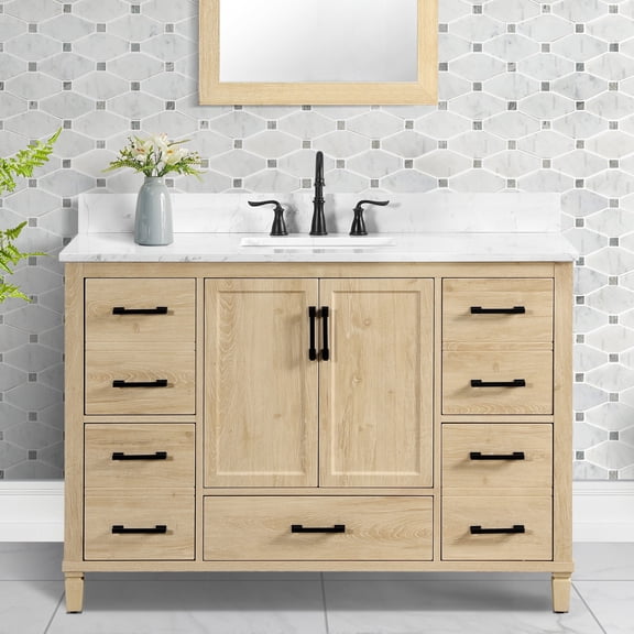 Hardin 48" Single Bathroom Vanity, 49" W x 19" D x 34.5" H, Carrara White Quartz Top, Sink & Backsplash, Light Wood, MDF, Pre-Assembled, 5 Soft-Close Drawers & 2 Doors, Adjustable Feet