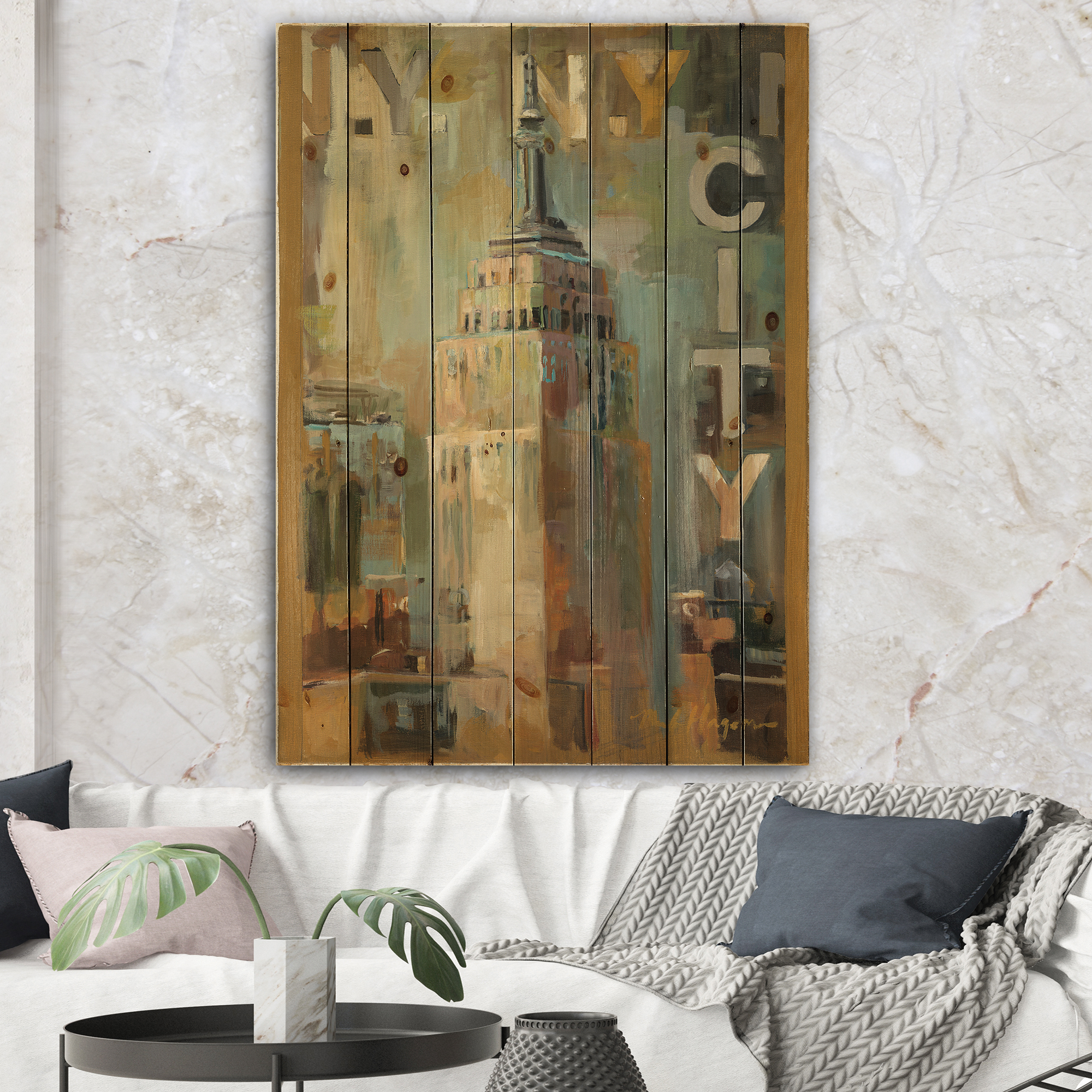 Designart 'Gold Vintage Empire State Building I' Vintage Architecture Print on Natural Pine Wood