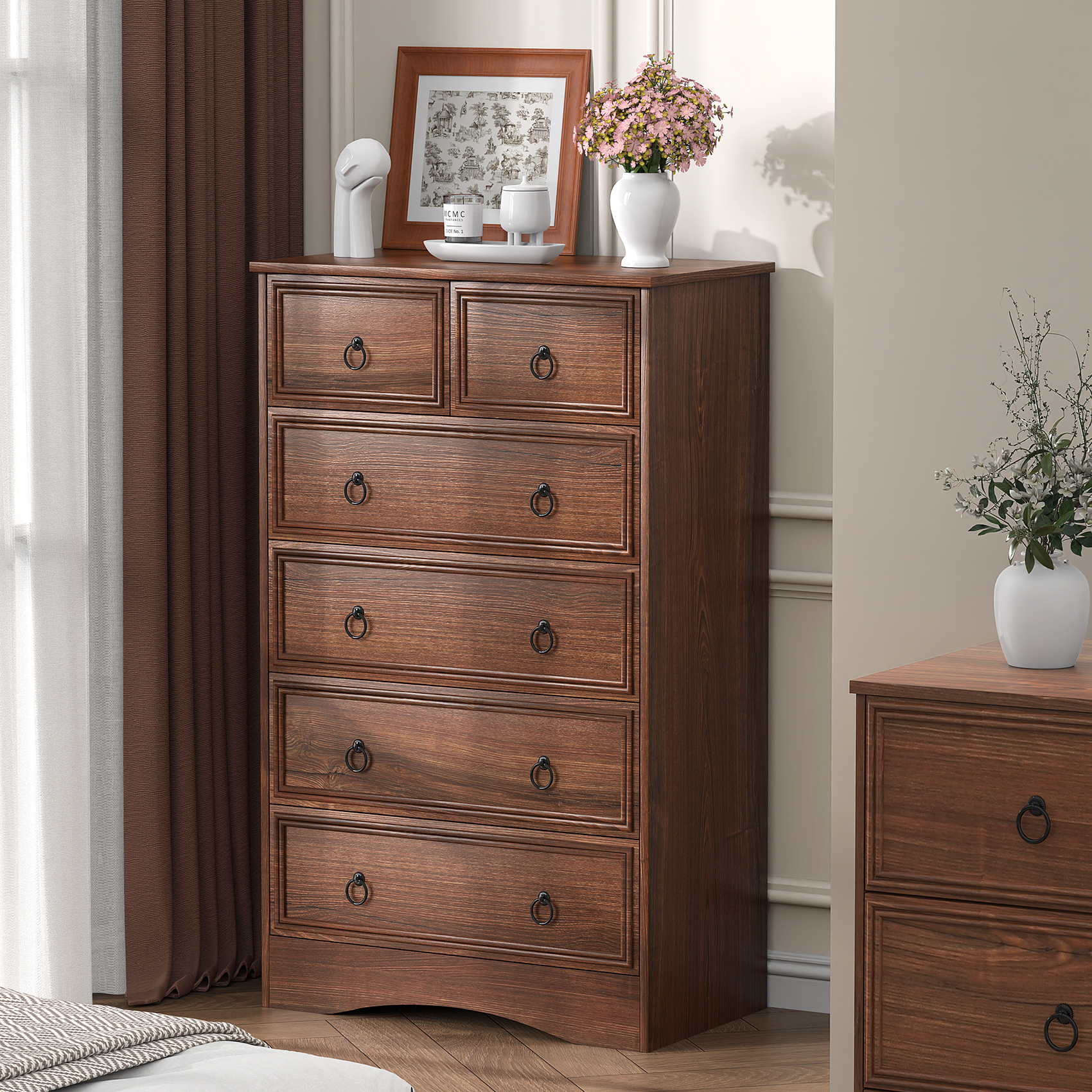 Frmobepts 6 Drawer Dresser, Tall Wood Chest of Drawers Dressers for Bedroom, Living Room, Cherry