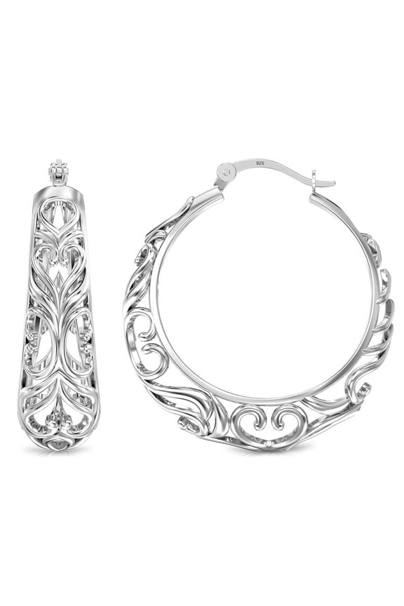 Elegant Hypoallergenic 925 Sterling Silver Round Filigree Hoop Earrings for Women, 27MM