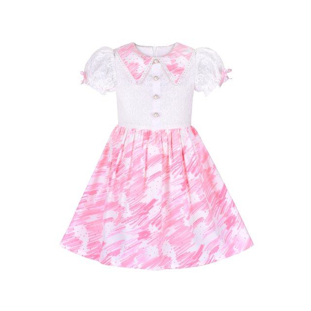 Robe Fille Bouton Perle Rose Col Pointu Dentelle Manches Bouffantes 10 Ans