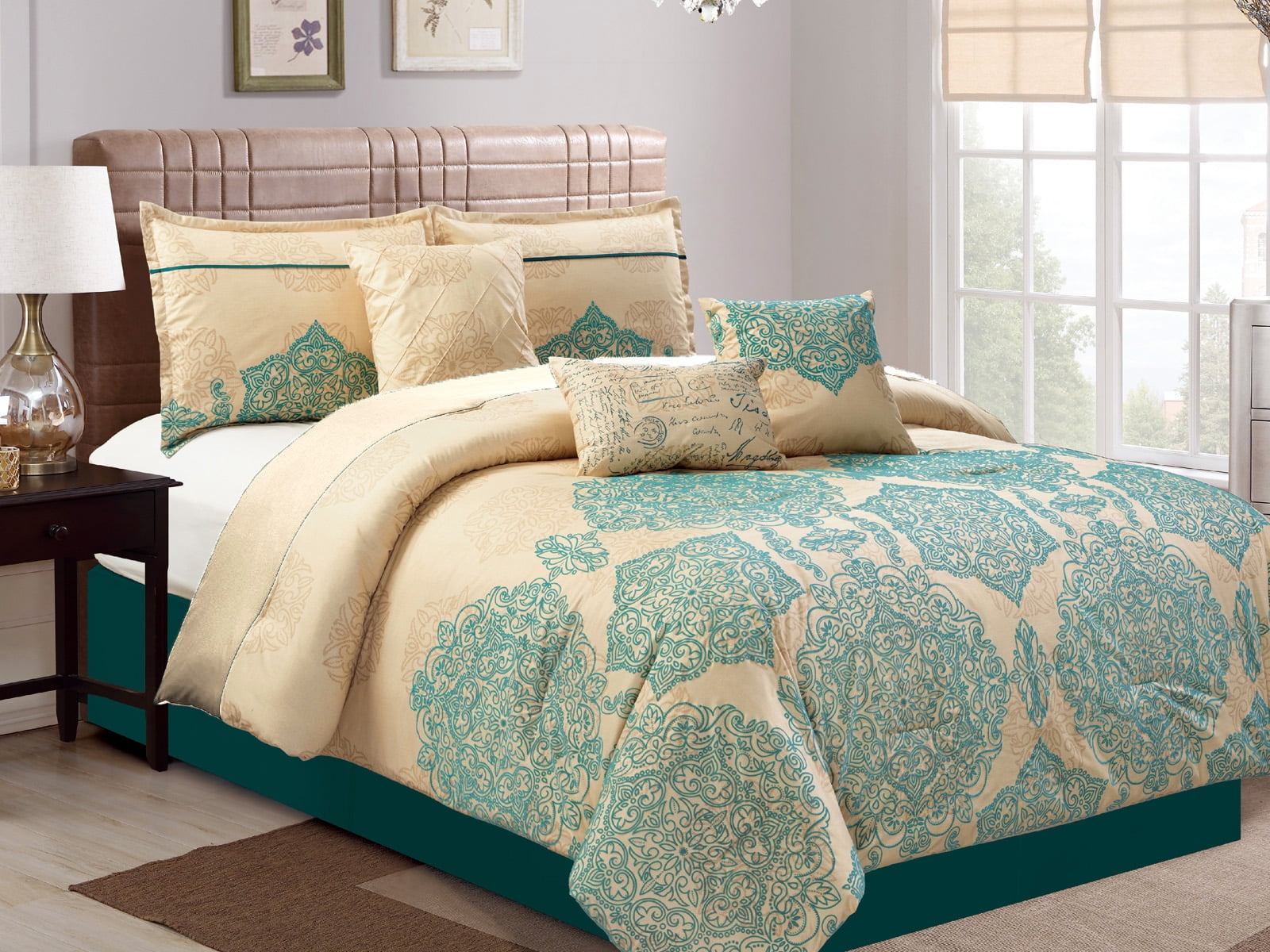 7Pc Ara Felt Floral Medallion Damask Pleated Diamond Comforter Set Beige Teal Queen