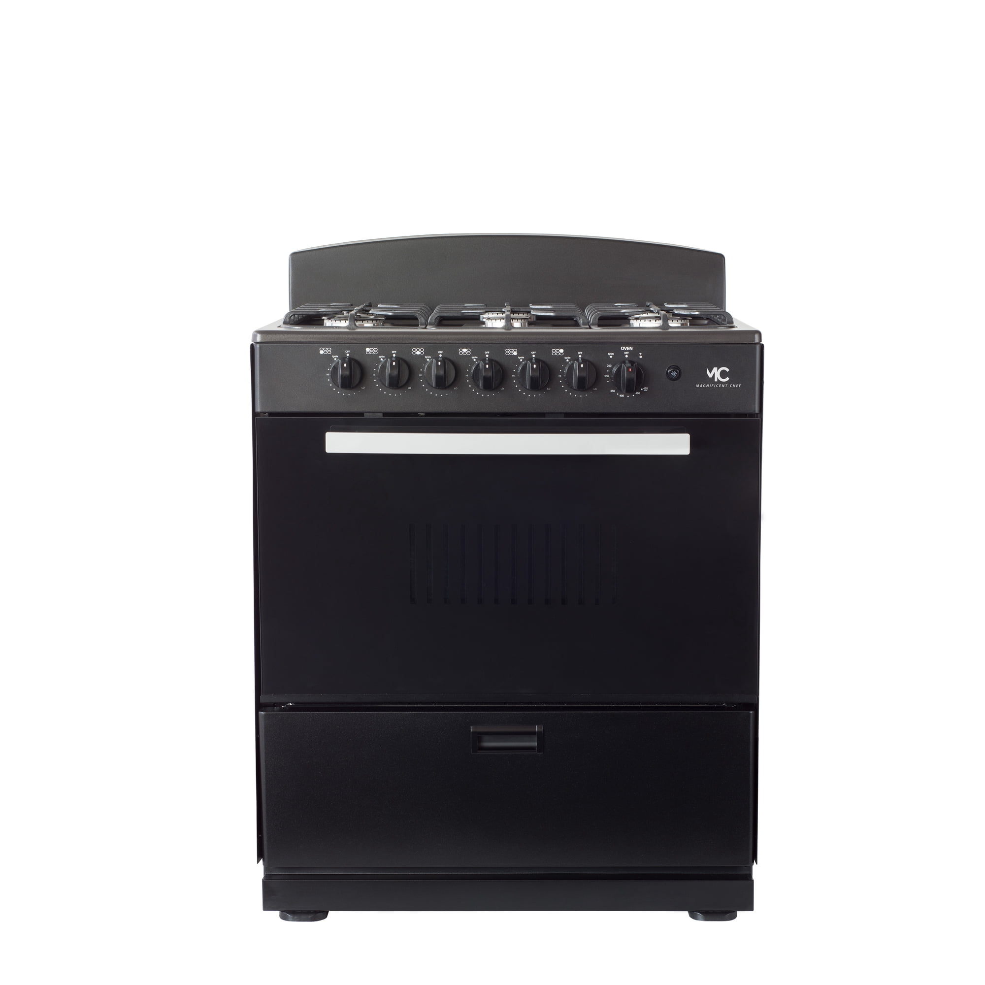 Magnificent Chef - Free Delivery - 30" Black Gas Stove with 4.0 CFT Oven Capacity -Sealed Burners, 3 Ultra-Fast, 3 Fast – Easy to Clean, Iron Grates, Cool Knobs 2-year Warranty.