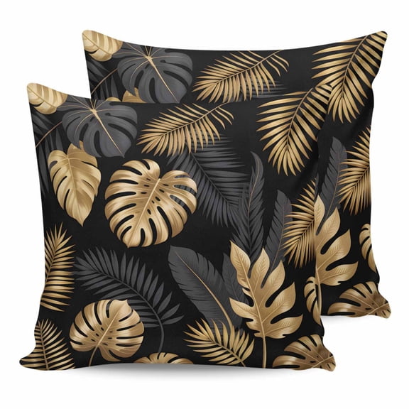 Pillow Covers 18x18 Set of 2, Black Golden Palm Leaf Throw Pillow Covers Decorative Couch Cushion Cover, Tropical Plant Modern Luxury Microfiber Soft Square Pillowcases for Bedroom Living Room Sofa