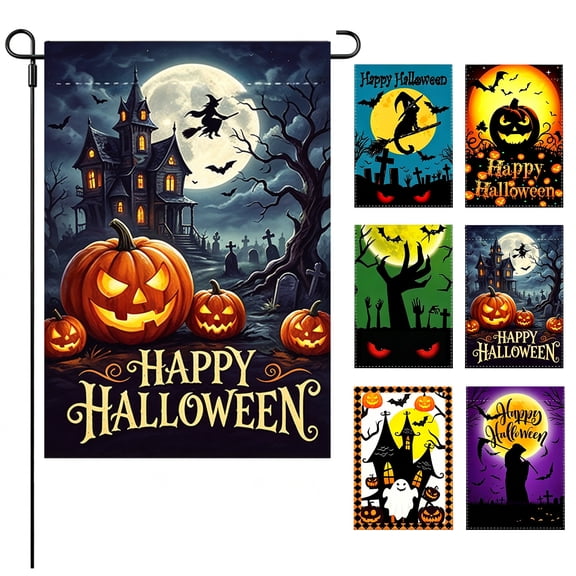 LANDLIT 6 PCS Halloween Garden Flag - Scary Ghost Bat Witch Pumpkin Design 12x18 Double Sided Holiday Burlap Yard Flag, Outside Decoration Halloween Welcome Seasonal Yard Outdoor Burlap Flag