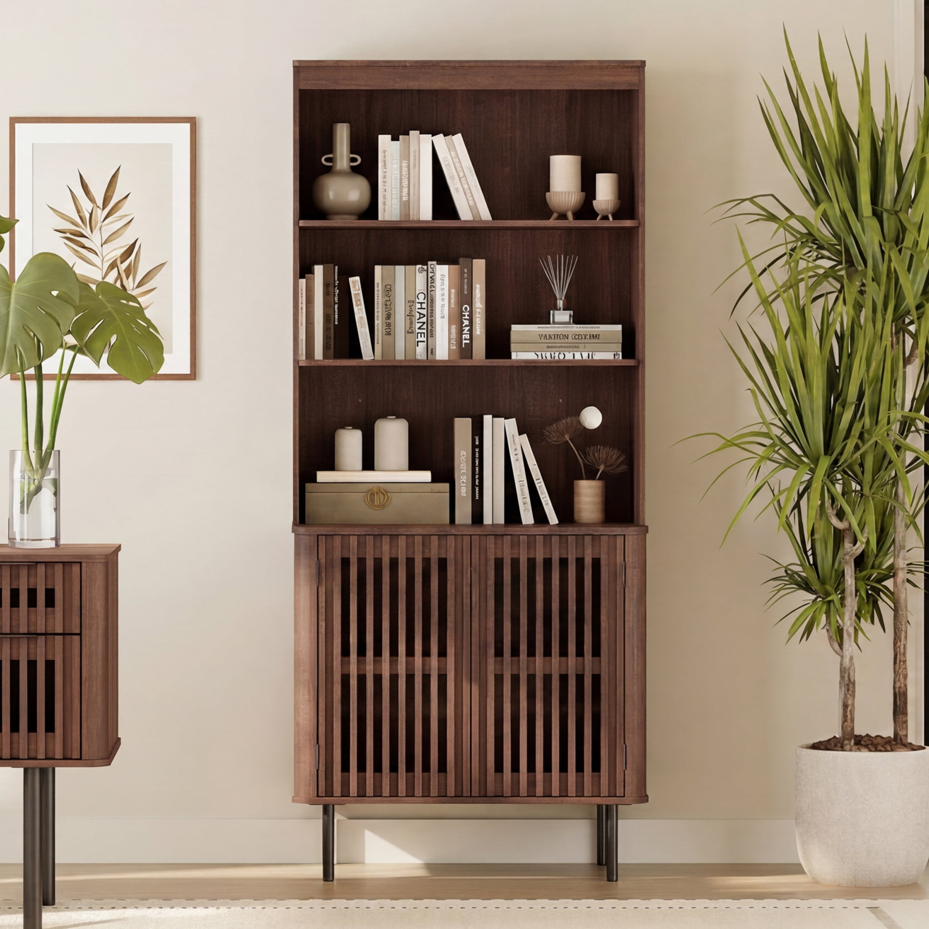 72.8" Tall Bookshelf with Doors - 3 Tiers Large Modern Bookcase with Adjustable Shelves, Walnut