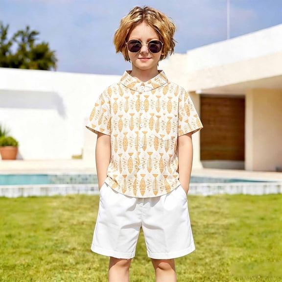 Boys Graphic Tees Cartoon Print Lapel Short Sleeve Buttoned Breathable Shirt Tee for Seaside Wear Boys' Tops Tees Shirts Yellow 18 Months-24 Months