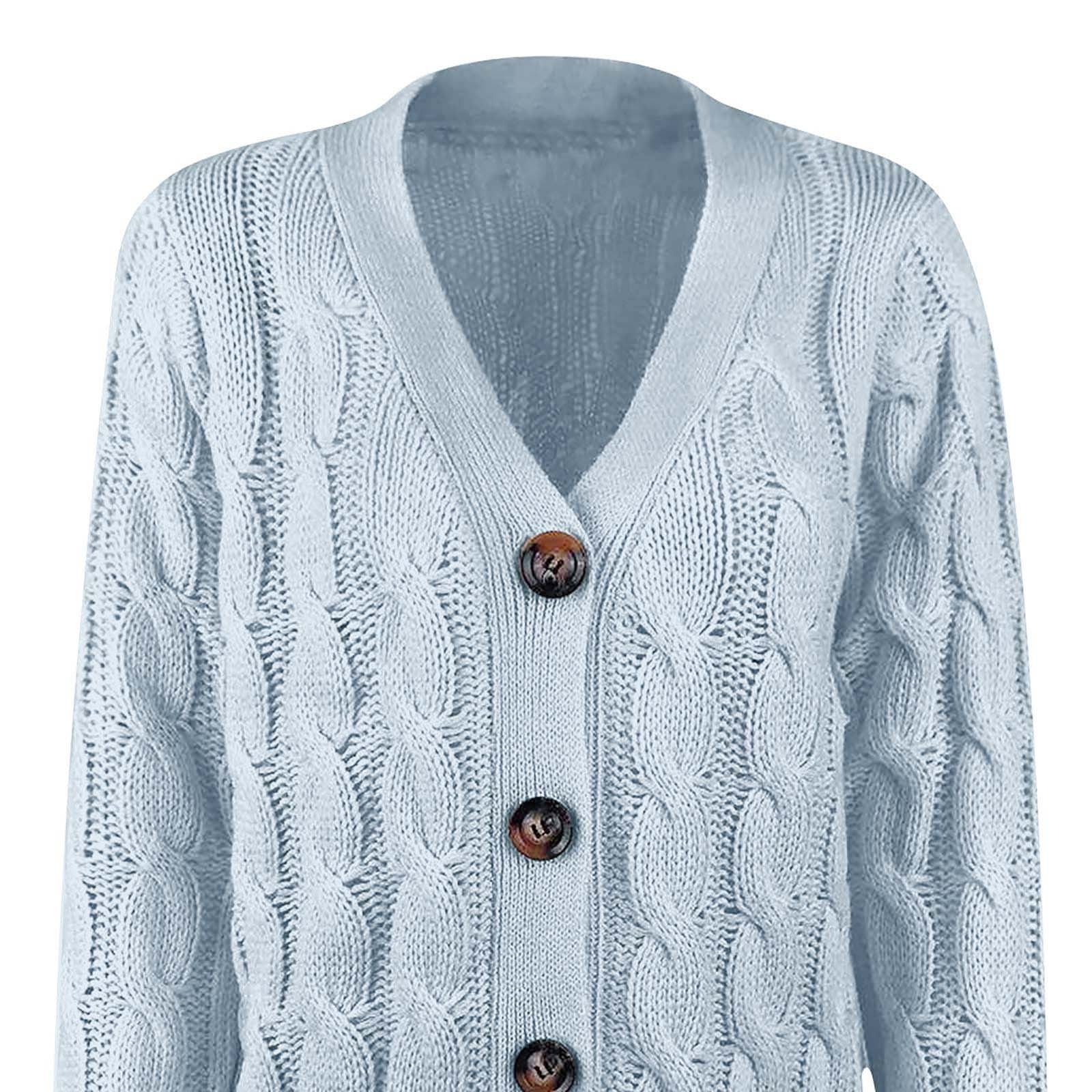 Women's Open Front Cardigan Sweaters Fall Winter Button Down Jacket Plus Size Cable Knit Chunky Winter Outerwear Coats Light Blue 2XL - image 4