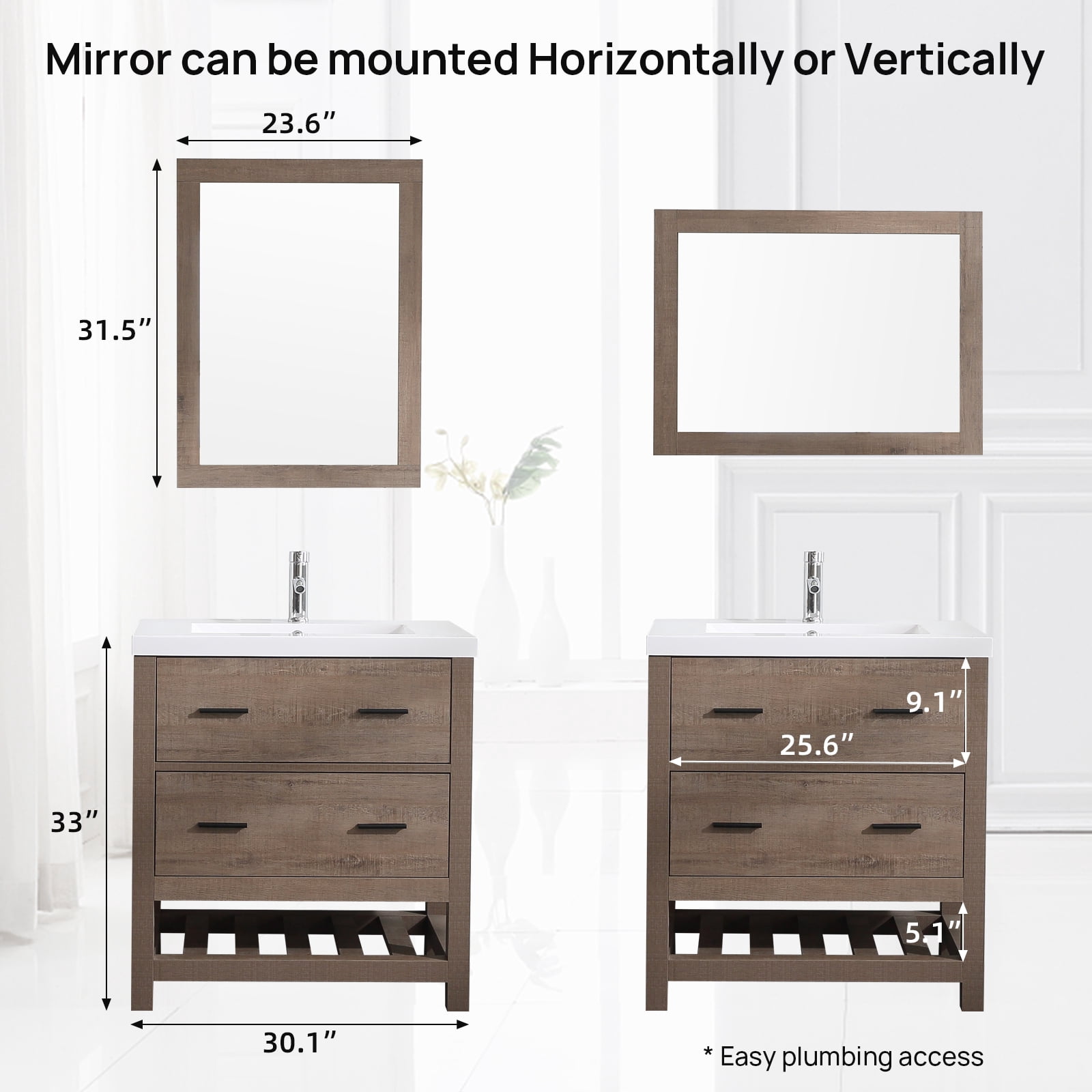 Wonline 30" PB Board Bathroom Vanity with Undermount Sink&Mirror