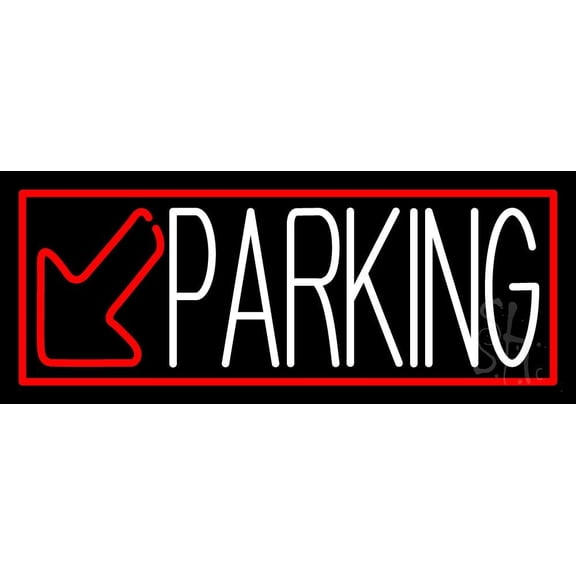 Parking With Down Arrow And Red Border LED Neon Sign 13 x 32 - inches, Clear Edge Cut Acrylic Backing, with Dimmer - Bright and Premium built indoor LED Neon Sign for Bar decor.