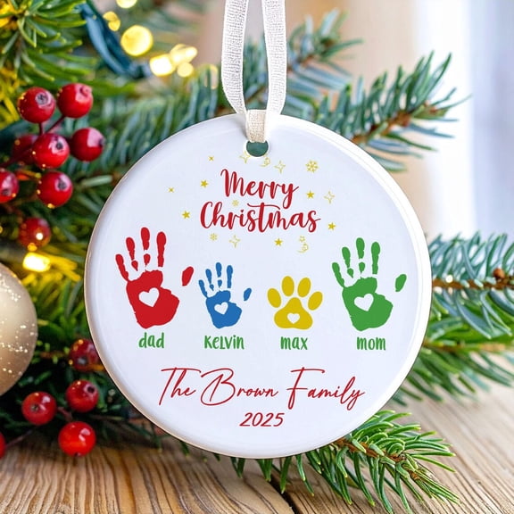 Personalized Family Handprint Christmas Ornament, Custom Family Name Holiday Keepsake, Family Christmas Gift with Pet, 2025 Holiday Decor
