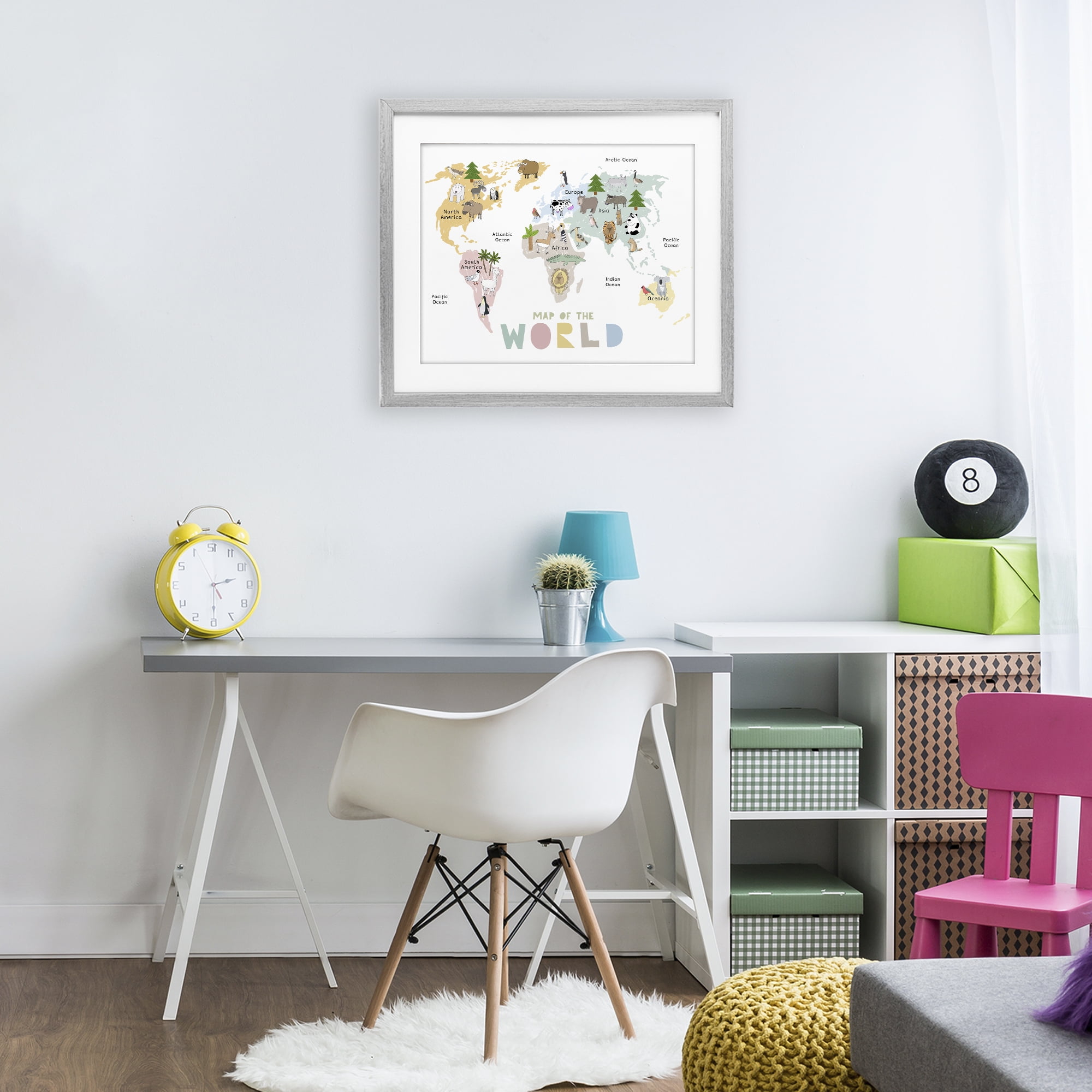 Map Of World Pastel Animals Gray Framed Print Under Glass, design by Carla Daly