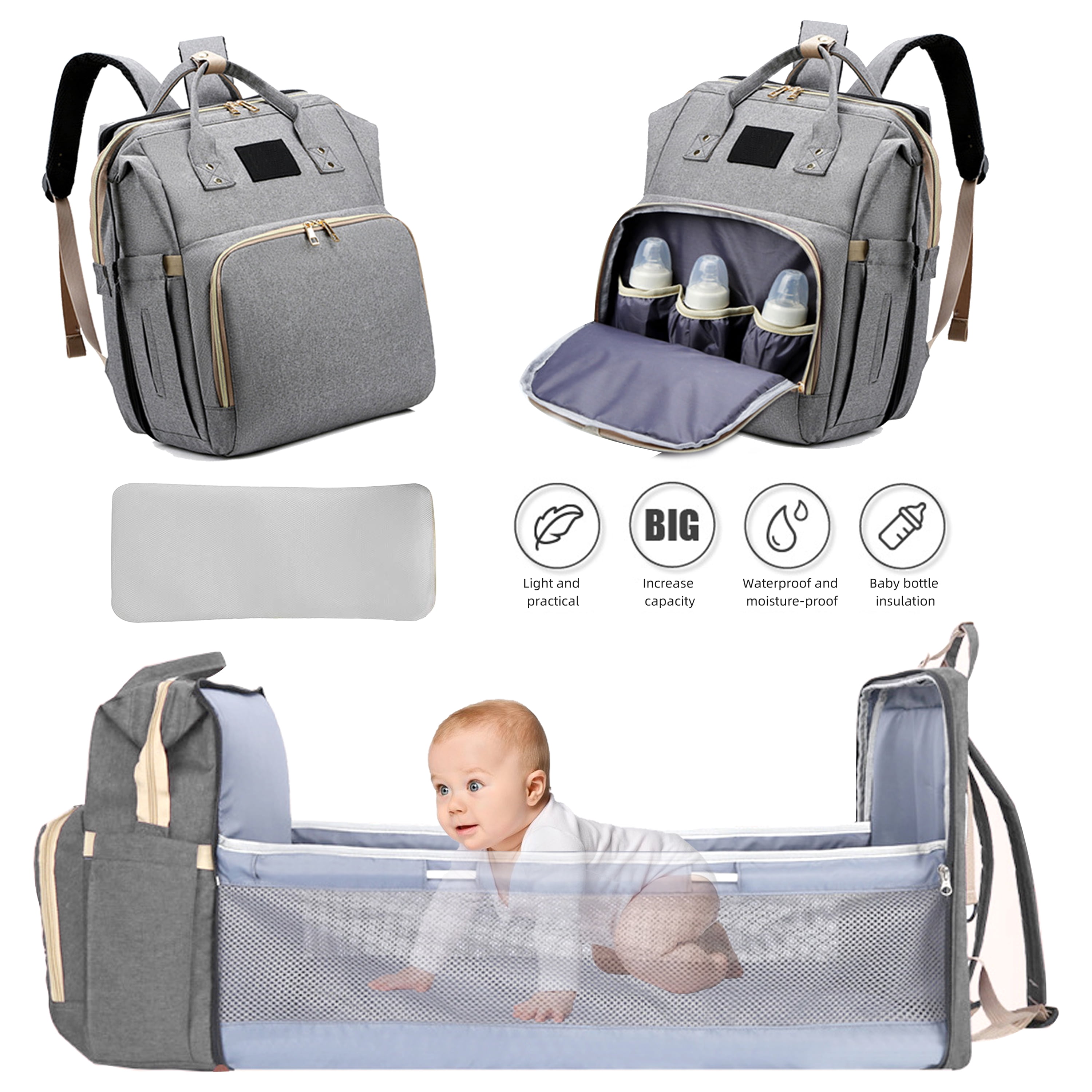 Baby Diaper Bag Backpack with Travel Bassinet Changing Station Mat Portable  Crib for Baby Girl Boy
