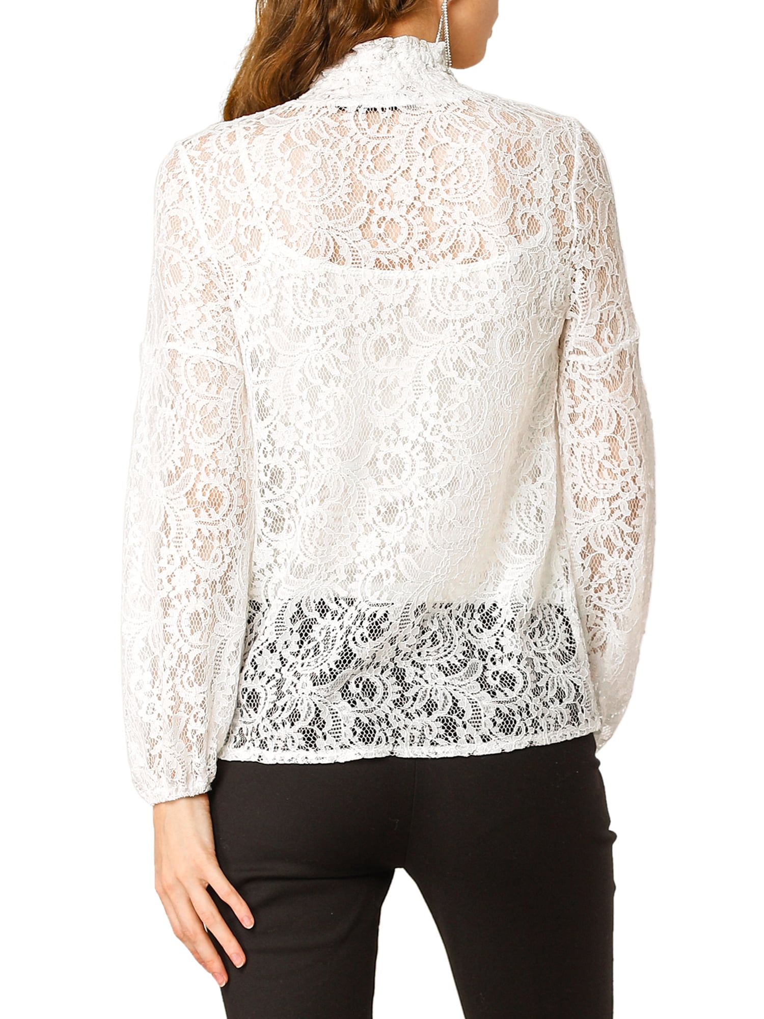 DARING DIVA Lace Elastic Cuff Long Sleeves Vintage Blouse S White