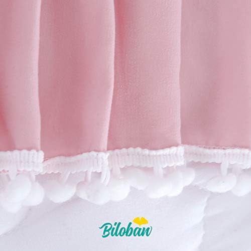 Pink Crib Skirt Pleated with White Lovely Pompoms, Bedding Dust Ruffle for Girls, 14" Drop, Fit All Standard Crib Bed, Fade Resistant Crib Bed Skirt Machine Wash