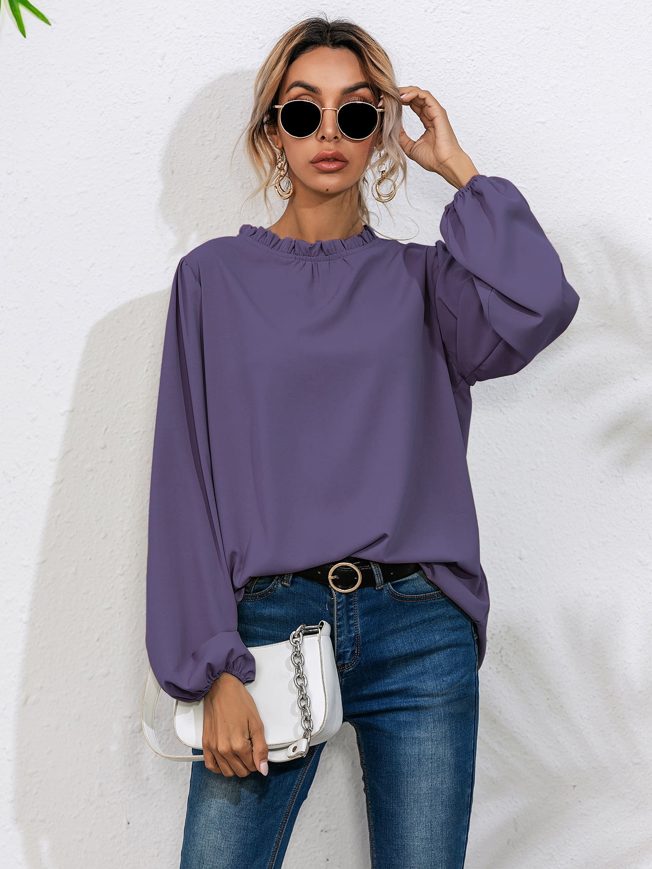 Frill Stand Neck Bishop Sleeve Long Sleeve Elegant Blouse Top Casual