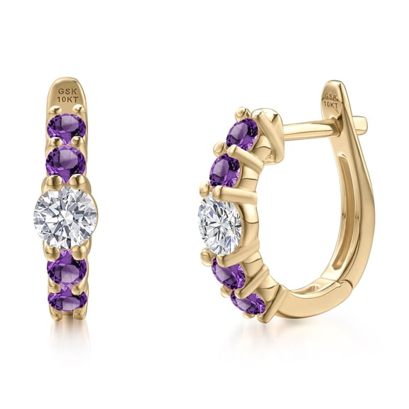 Gem Stone King 10K Yellow Gold Lab Grown Diamond and Purple Amethyst Hoop Earrings for Women | 1.02 Cttw | Gemstone April Birthstone | Round 4MM
