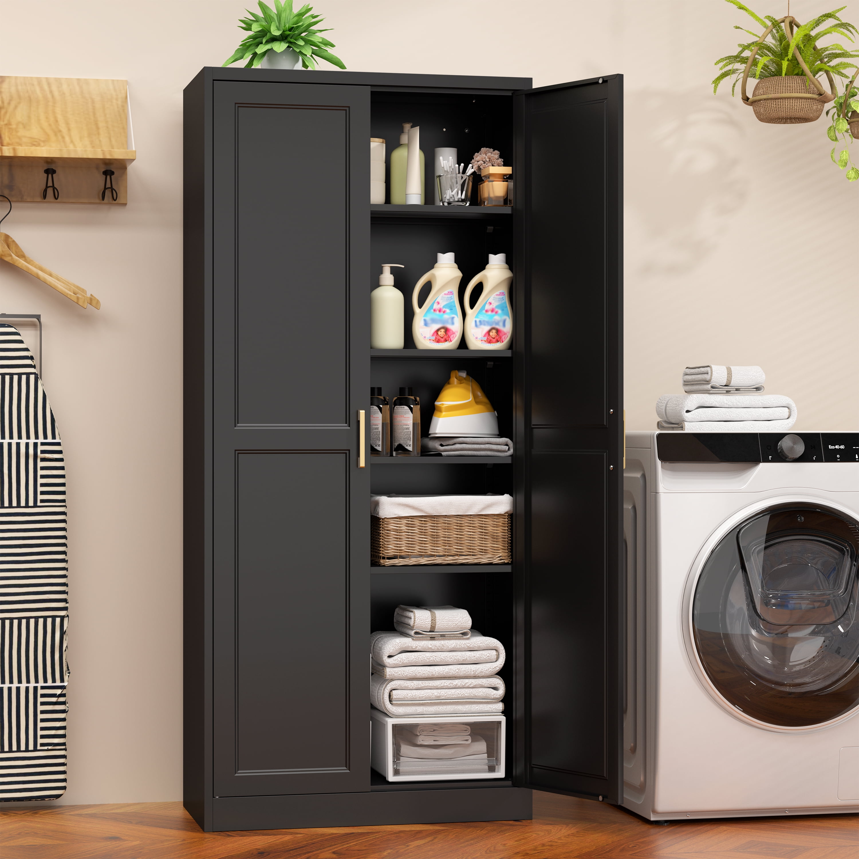 Polup 71" Height Metal Black Storage Cabinet, Modern Tall Steel Pantry Cupboard with 2 Doors and Adjustable Shelves for Kitchen Garage and Home
