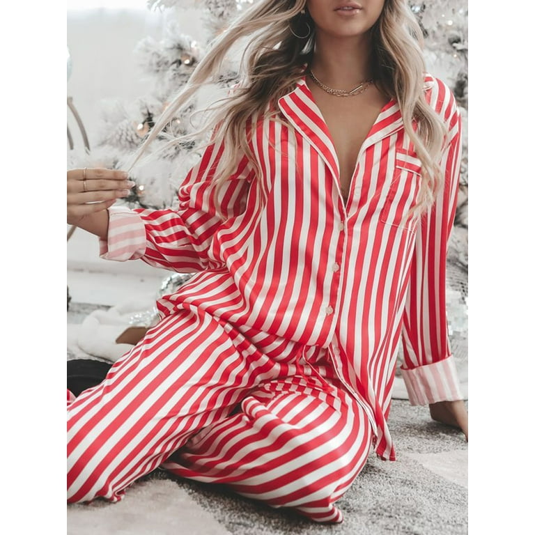 Womens Christmas Striped Satin Pajamas Set Long Sleeve Button Down Shirt and Long Pants Nightwear Pj Lounge Sets