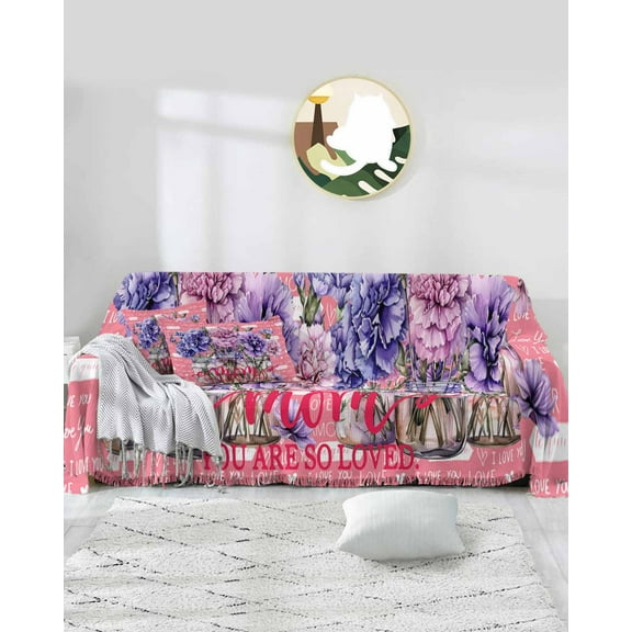 Floral Pink Sofa Covers for 3 Cushion Couch,Washable Sectional & L Shape Couch Covers for Dog/Cat/Kid,Botanical Blooms Mother's Day Non Slip Sofa Slipcover Tassel Futon Cover 71''x150''