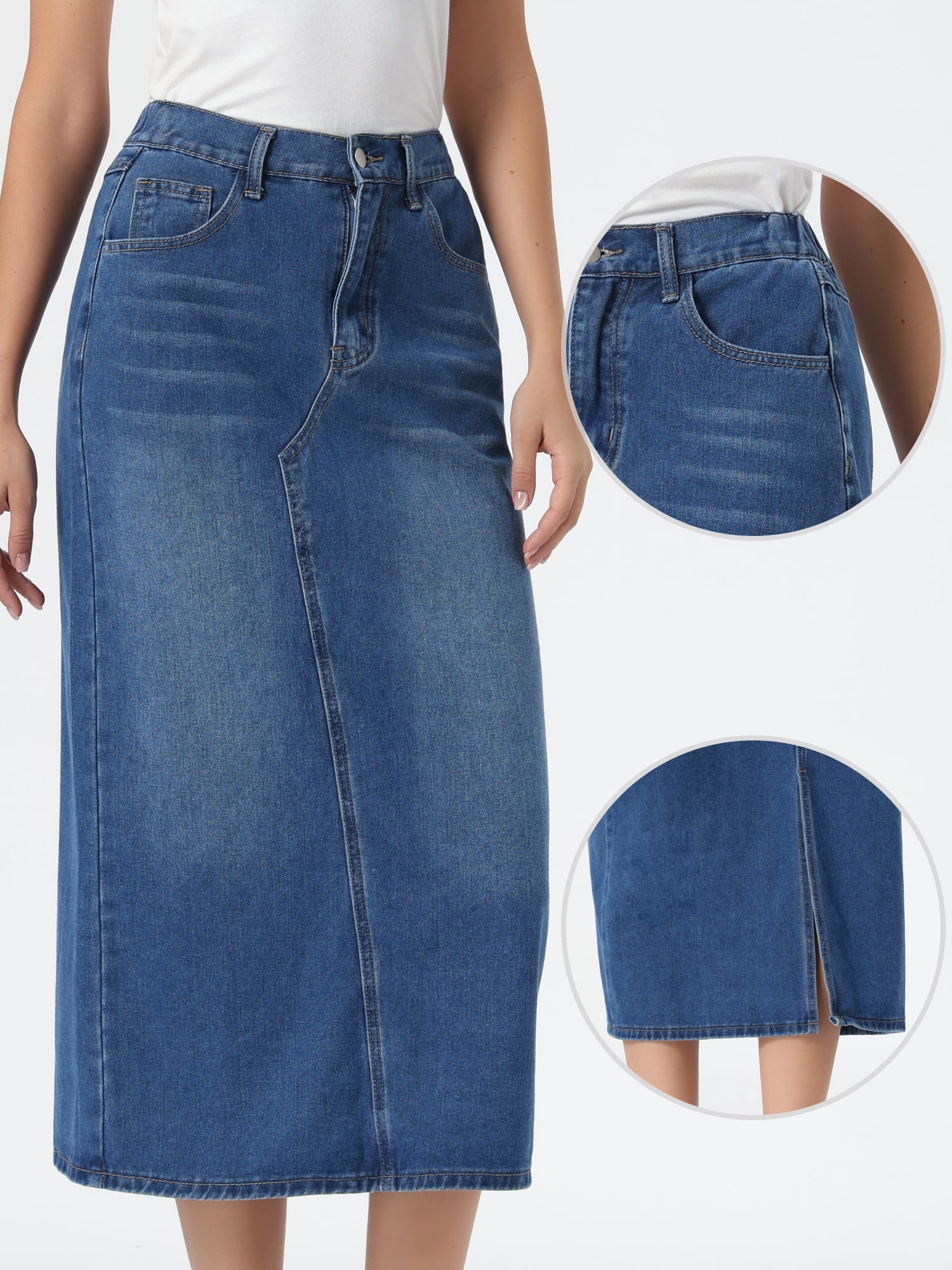 DARING DIVA Women's Casual Midi Split Back High Waist Long Jean Skirts M Medium Blue