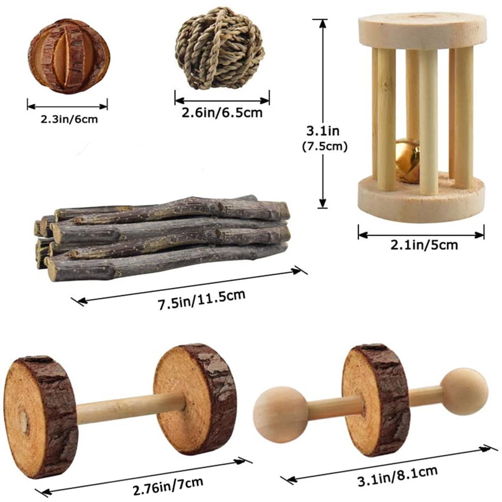 BQBQERT 10Pcs Hamster Chew Set Natural Wooden Chinchillas Accessories Dumbbells Exercise Roller Teeth Care