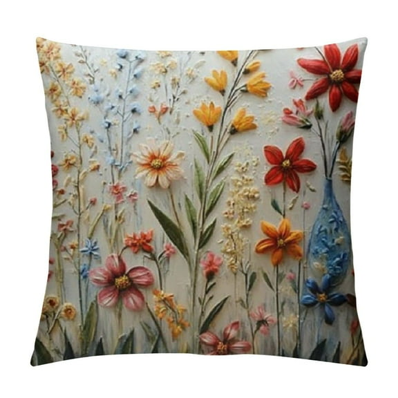 Patifu   Wildflower Faux Embroidery Print  Throw Pillow Cover Boho Embroidered Floral Decorative Soft Cushion Case Spring Summer Fall Christmas Home Decor Gift Sofa Luxury Flower Pillowcase 12x12in