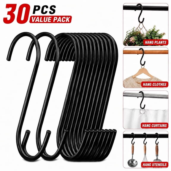 Genreen 30 Pack Black S Hooks, 3.7" Heavy Duty Steel S-Shaped Hangers for Kitchen Pots, Pans, Closet Jeans, Plants, & Towels - Fits Rods Under 1 Inch