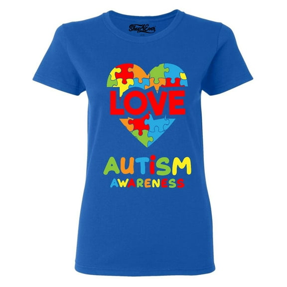 Shop4Ever Women's Love Puzzle Heart Autism Awareness Graphic T-Shirt Large Royal Blue