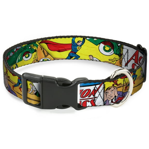 DC Comics Pet Collar, Dog Collar Plastic Buckle, Classic Action Comics Issue 1 Cover Superman Lifting Car, 7 to 8.5 Inches 0.5 Inch Wide