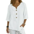 thumbnail image 2 of Womens Button down 3/4 Sleeve T Shirts Linen Shirt Solid Color Blouse Casual Loose V-Neck Lightweight Tops, 2 of 8