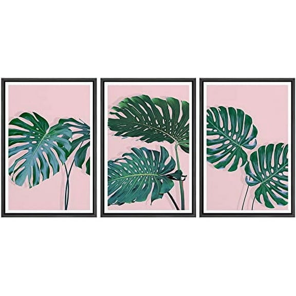 IDEA4WALL Framed Wall Art Print Set Tropical Monstera Jungle Leaf Collage Nature Modern Decorative Multicolor Chic for Living Room, Bedroom, Office - 24"x36"x3 Black