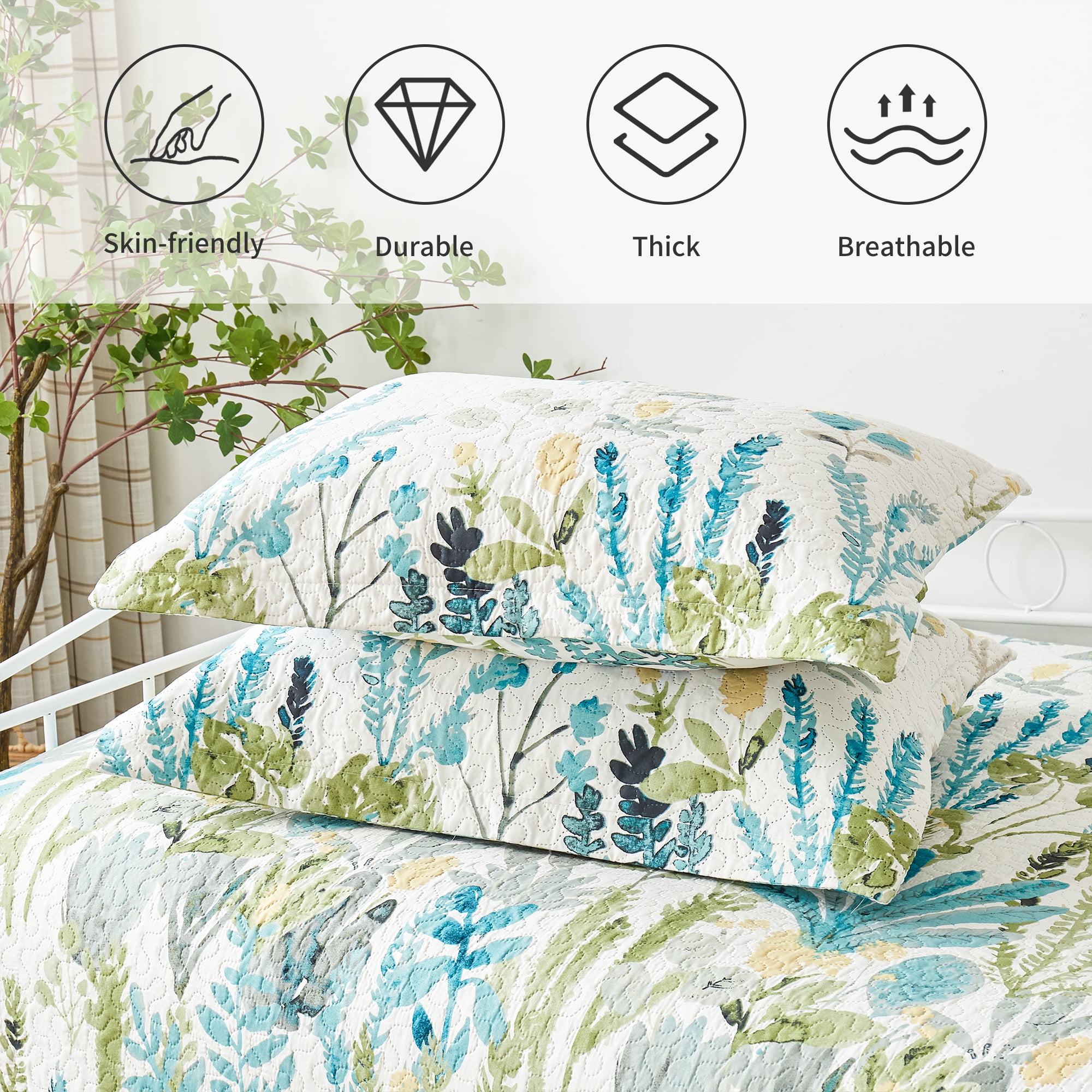 Smuge 3 Piece Daybed Cover Set, Double Sided Quilting Classic Design for All Season, Matching 2 Shams, 39"x75", Blue Green Leaf