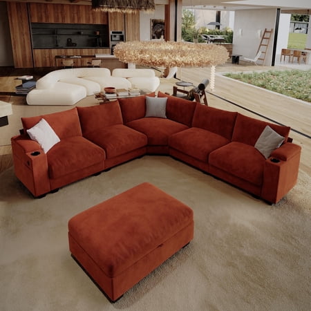 ZX Design 6-Seat 107" L-Shaped Modular Sectional Sofa with Storage Ottoman, Armrest Storage, Cup Holders and USB-C Charging