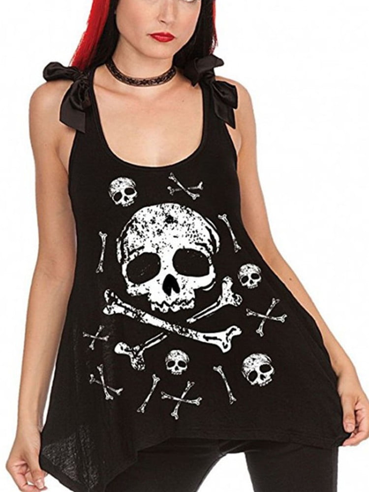 Dellytop Womens Lace Backless Sleeveless Skull Print Tshirt